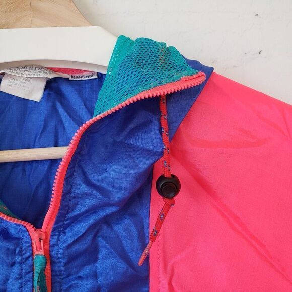 Columbia VTG Nylon Windbreaker Mens Size L Hot Pink Radial Sleeve 1/2 Zip Jacket - Picture 5 of 9